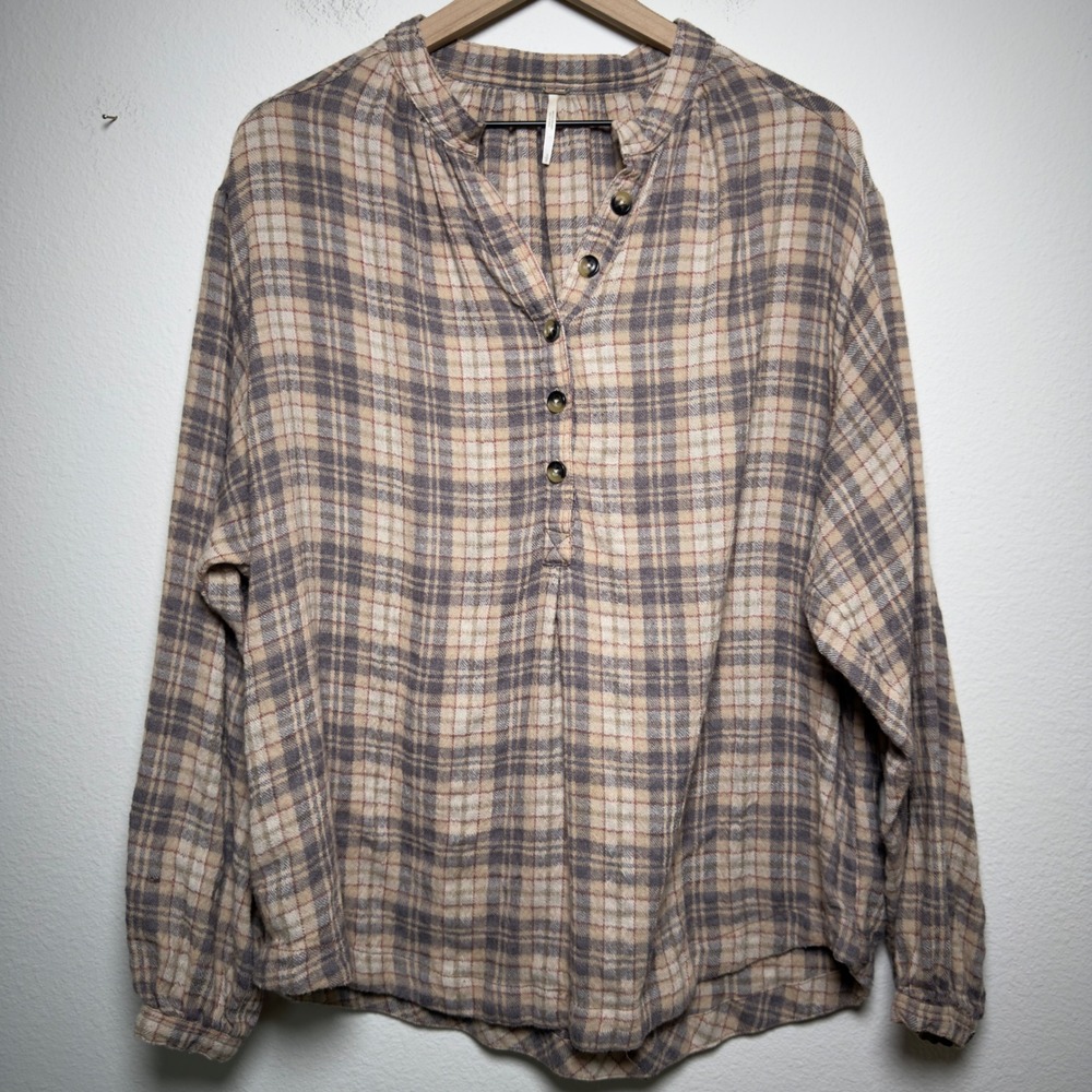 Free People Women Cotton Wool Northern Bound Plaid Top Small Beige Henley